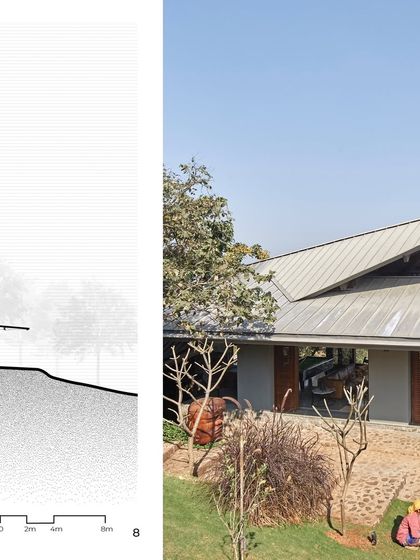 A sectional drawing of the Lateral Verandah House paired with a photo of the finished exterior. This comparison shows how the design concept of a roof that mirrors the landscape was translated into a built reality.