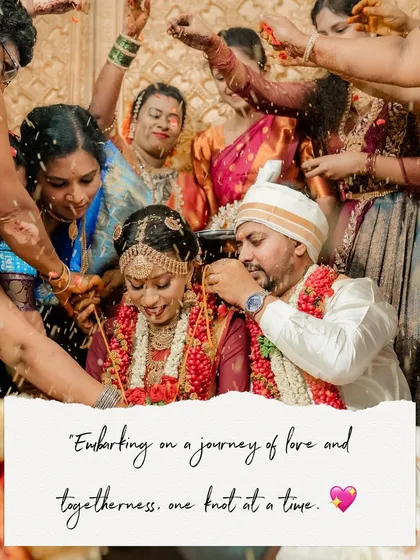 The joyous 'Talambralu' ritual from a South Indian wedding, where the couple showers each other with rice and pearls. We capture the fun and candid nature of these traditions.
