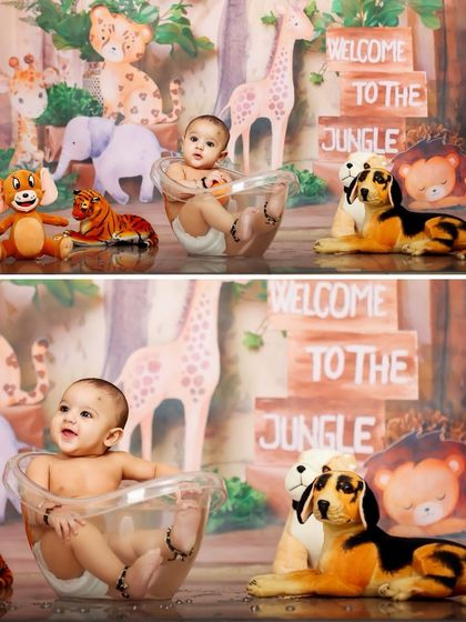 Welcome to the jungle. This adorable baby is having a splash in a tub-time setup, surrounded by friendly jungle animals for a fun and playful themed shoot.