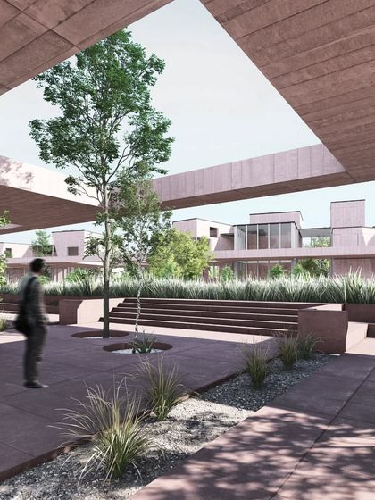 A rendering of the central courtyard for Residence G in New Delhi. The design features a series of open courts that punctuate a large verandah, connecting the various living spaces of the home along the landscape and creating 'islands of light'.