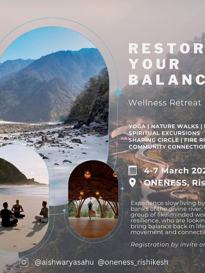 The official announcement for my "Restore Your Balance" wellness retreat. This poster encapsulates the key offerings: yoga, nature walks, spiritual excursions, and community connection in the heart of Rishikesh.