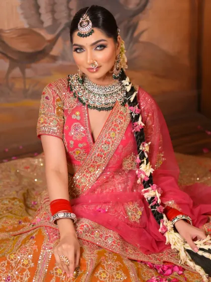 This portrait captures the full splendor of the bridal ensemble. The makeup is flawless and radiant, tying the entire look together with elegance and grace.