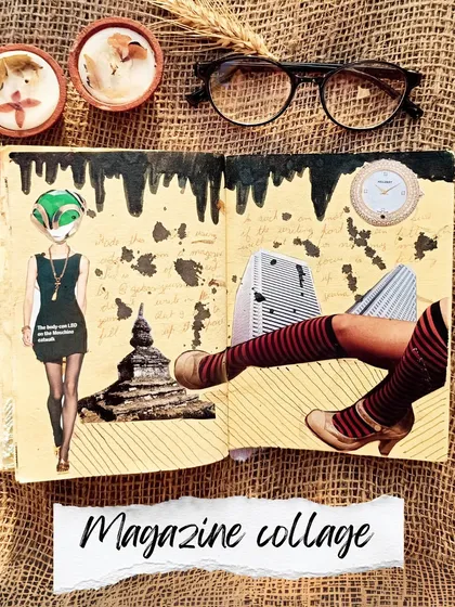 Art journal idea: create a surrealist magazine collage. Cut out different elements and combine them in unexpected ways.