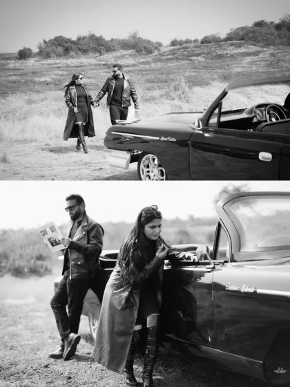 A black and white collage showing the couple walking hand-in-hand and posing by their vintage car, telling a story of a romantic, adventurous journey.