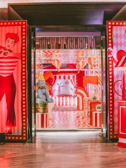 The grand entrance to Avyaan's circus party, designed to build excitement from the moment guests arrive. Themed posters and props give a taste of the magic waiting inside.