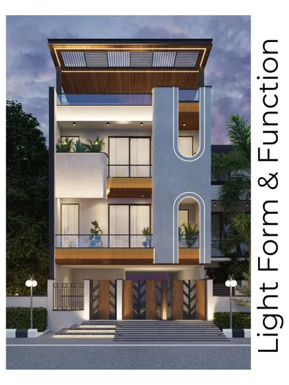 Form and function unite in this urban facade. A bold, vertical privacy wall finished in micro-concrete shields the bedrooms from the street, while its curved cutouts with integrated lighting add a distinct design signature.