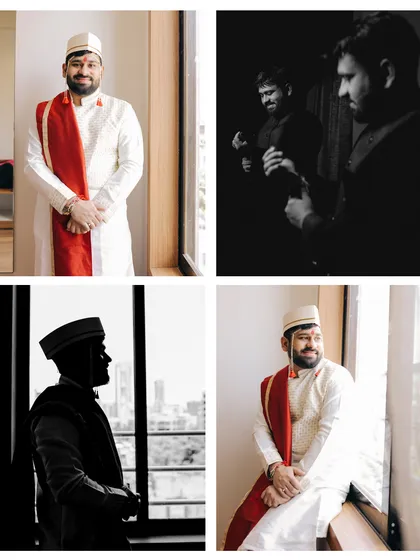 A collection of portraits of the groom getting ready. I use silhouette and reflection to create artistic and memorable shots before he heads to the ceremony.