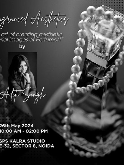 A specialized workshop on "Fragranced Aesthetics," focusing on creating editorial images of perfumes. Aditi Singh guides students through mood boarding, prop sourcing, and lighting for reflective surfaces.