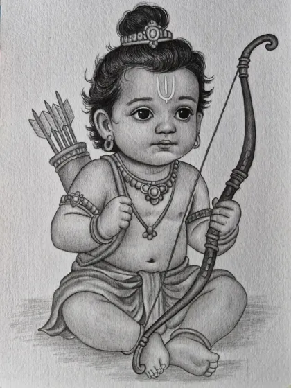 A pencil sketch of Bal Ram, the young prince, with his bow and arrow. I drew him with a calm and innocent expression, focusing on the fine details of his jewelry and the classic form of a divine warrior.