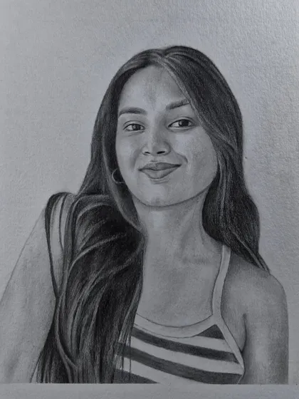 A realistic portrait drawing that focuses on the soft features and long hair of the subject.