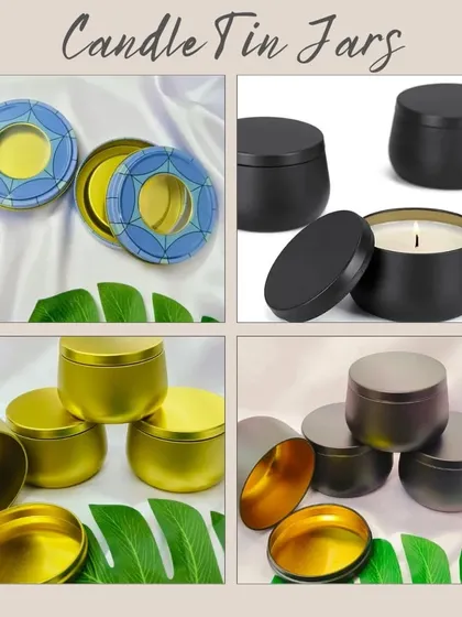 Our candle tin jars are a popular choice for scented candles. This collage shows our range, including plain black, gold, and silver tins, as well as beautifully printed designs.