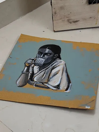 "Me-Time," an acrylic painting on cardboard celebrating a quiet moment of solitude. This piece, showing a woman enjoying a cup of tea, was a joy to create and quickly found a home.