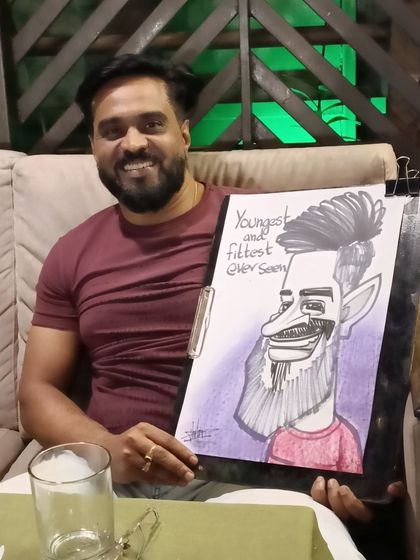 This guest's caricature has a fun title: "Youngest and Fittest".