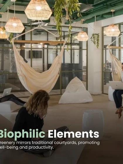 We believe in creating spaces that prioritize employee well-being. This unique breakout area features hanging hammocks and comfortable bean bags amidst lush greenery, offering a tranquil escape for relaxation or informal work, directly boosting creativity and reducing stress.