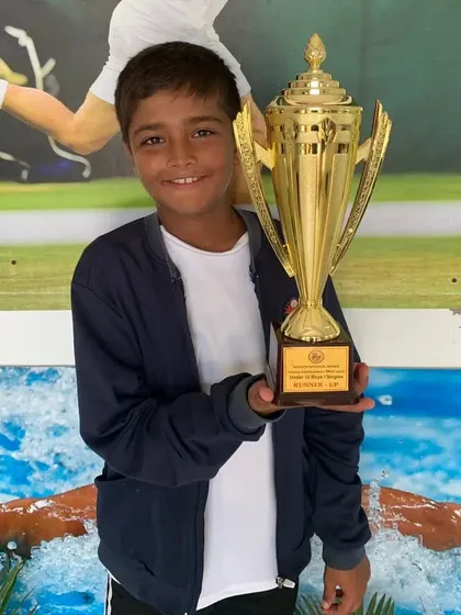 Aarav Chhallani with his runner-up trophy from the U-12 All India National Series in Hyderabad.