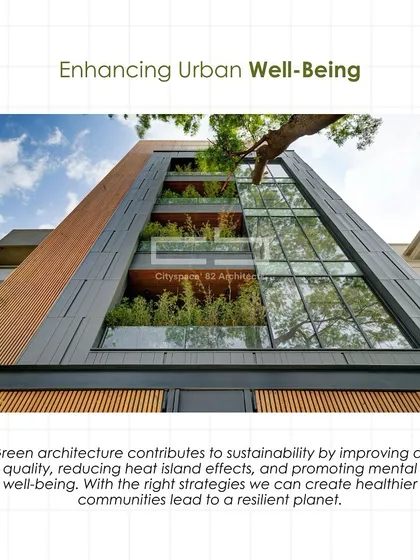 This image highlights how green architecture contributes to urban well-being by improving air quality and reducing heat island effects. The building's tiered balconies with integrated planters are a prime example.