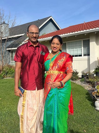 A beautiful couple, with the lady looking stunning in her Kanchipuram saree from my collection. It's an honor to be a part of your special moments.
