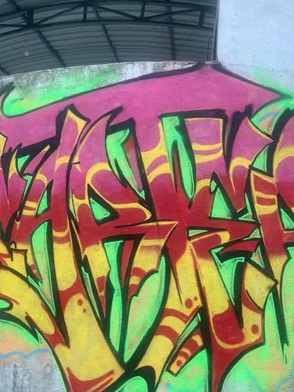 A slightly different angle of the same wildstyle piece, showing the texture of the wall and the way the paint covers it.