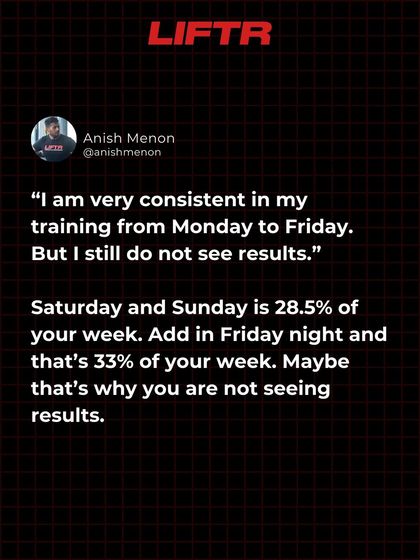 "I'm consistent Monday to Friday but see no results." The weekend is 33% of your week. That's where you're failing. You're not as consistent as you think you are.