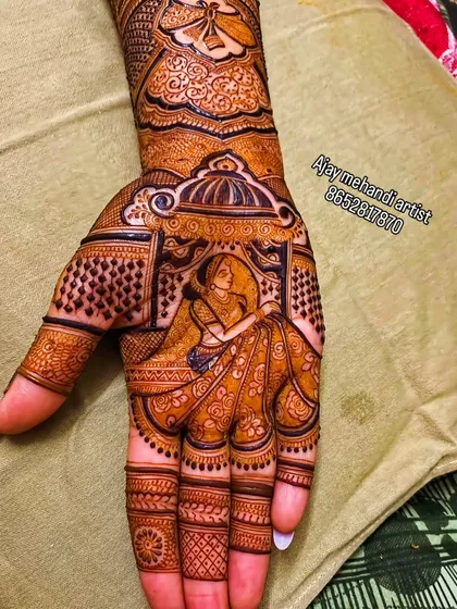 A classic bridal portrait showing the bride in her ghunghat (veil). This style of figurative mehndi is elegant and timeless, perfect for the traditional bride.