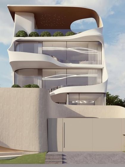 A futuristic residential tower concept, where organic, wrap-around balconies create a sense of movement and life. The design includes integrated planters on each level, turning the building into a vertical garden.