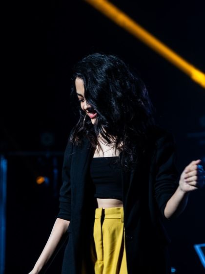 Lost in the music during a performance in Los Angeles.