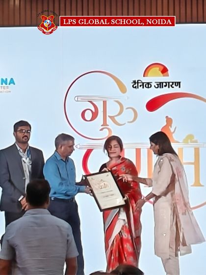 Our Principal, Ms. Mahuya Mandal, being honored at the Dainik Jagran Guru Pranam event for her visionary academic leadership and contributions to education.