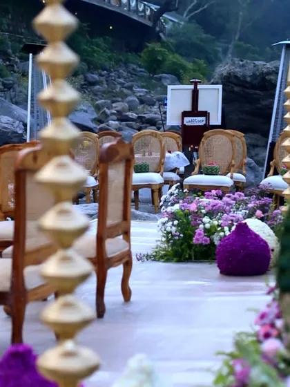 Our easel set up amidst the beautiful decor for the Rishikesh wedding, waiting for the ceremony to begin.