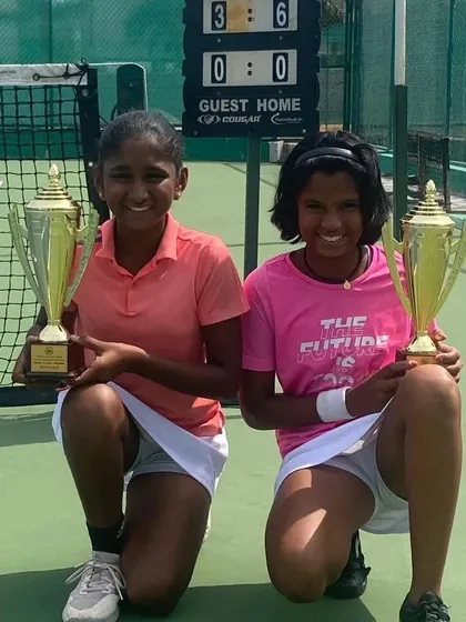 Tamanna Nair and her partner celebrating their U-12 Doubles victory at the All India National Series in Hyderabad.
