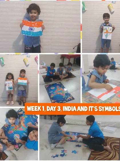 In this session, we learned all about India and its national symbols. The kids made their own flags and worked on a giant floor puzzle of the world map.