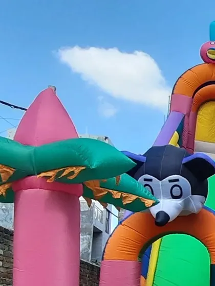 This is a side angle of the large inflatable slide, showing the detailed construction of the character heads and the palm tree elements. Every part is securely stitched for durability.
