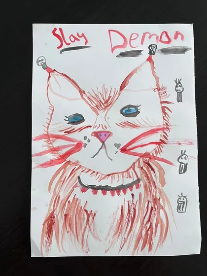 The "Slay Demon" kitty series begins. This fierce and imaginative watercolor painting shows a student's fun and edgy creative side.