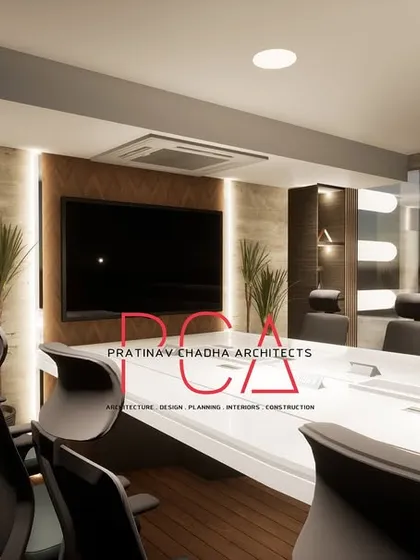 This is a 3D visualization of a conference room for an office project in Narela Industrial Area. The design employs minimalistic tones, creating a sophisticated atmosphere through an amalgamation of wooden textures, silver metal accents, and natural stone finishes.