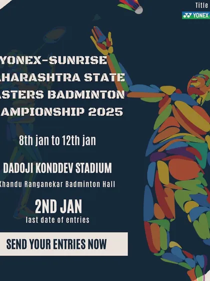 This poster specifies the venue for the Masters Championship as the Khandu Rangnekar Badminton Hall. I take care of securing and preparing top-quality venues that meet the standards required for state-level competitions.