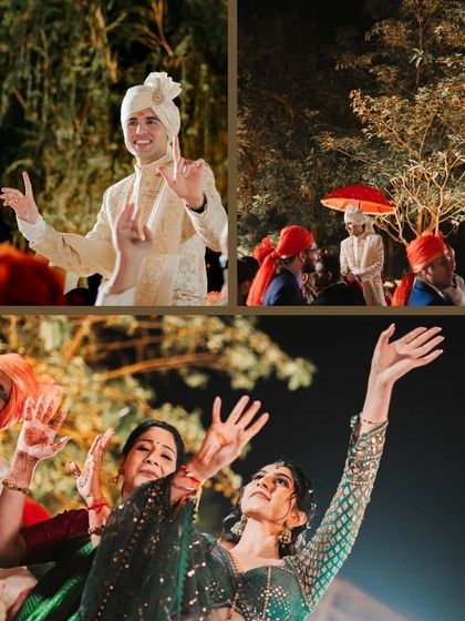 A collage of the groom's Baraat, with friends dancing and celebrating his arrival.