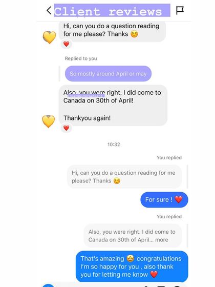 A client confirms that my prediction about them traveling to Canada in April or May was correct. It's always amazing to see specific timelines manifest exactly as the cards suggest.