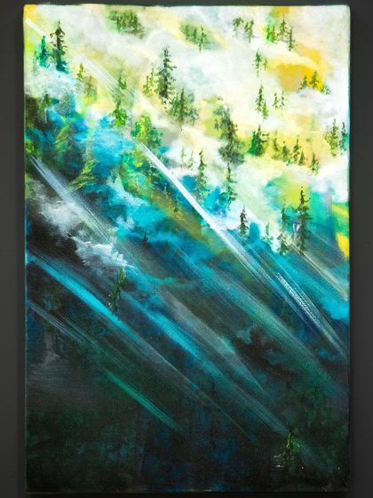 A professionally shot image of my painting "~ रफ़्तार ~". The dark background makes the rays of light and vibrant greens and blues pop, creating a dramatic and atmospheric scene.