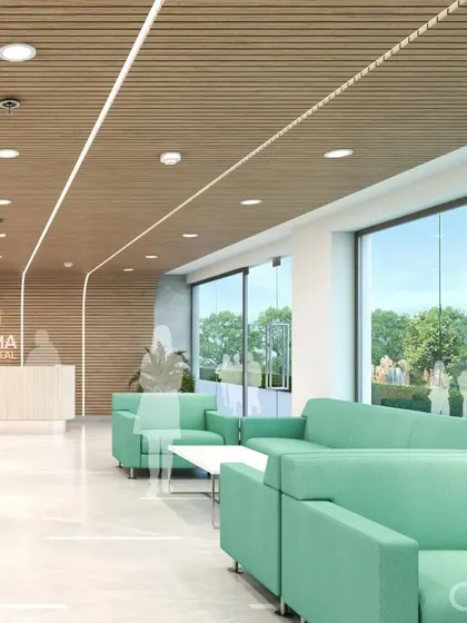 This rendering for Rama Hospital shows a waiting area with expansive windows overlooking a green landscape. The design uses biophilic principles, connecting patients with nature to enhance healing and well-being.