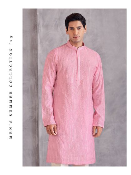 A summer style essential. This simple yet elegant pastel pink kurta features a subtle striped texture, offering a look of understated comfort and class.