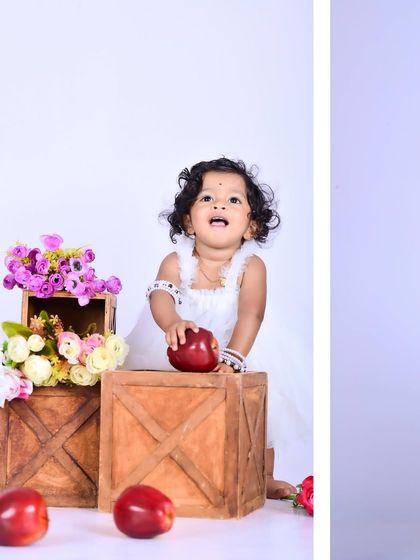 A collage of a baby girl in a white dress with apples and flowers.