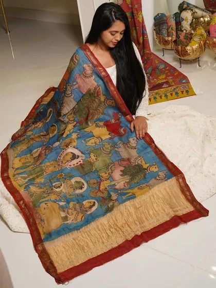This is a glimpse into my Kalamkari Edition, featuring a wide array of hand-painted dupattas and fabrics from the Indralokam series. Each piece is a unique story, available for you to customize into your dream outfit.