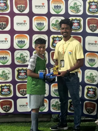 One of our young goalkeepers receiving an award at the All India Football 5 Association tournament in Goa. We ensure every position on the field gets specialized coaching and recognition.
