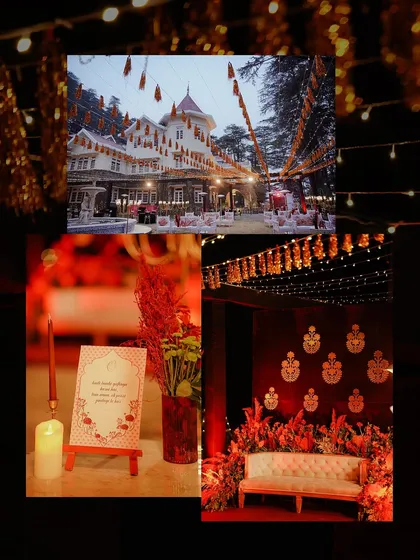 A collage of the rich, royal decor from a Qawali night. The deep red and gold theme, along with candles and traditional motifs, created a truly majestic atmosphere.