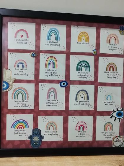 A custom affirmation board filled with positive 'I am' statements and decorated with protective evil eye charms. A perfect gift for daily motivation.