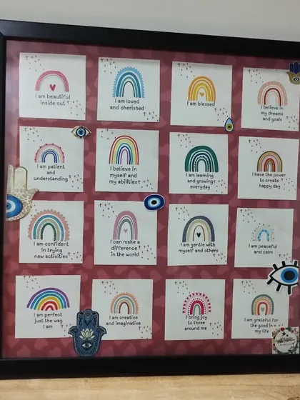 A custom affirmation board filled with positive 'I am' statements and decorated with protective evil eye charms. A perfect gift for daily motivation.