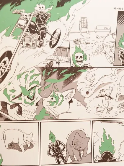 A comic panel from 'Marvel Meow' showing Ghost Rider encountering some adorable but mischievous cats.