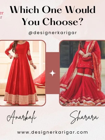 Anarkali or Sharara? Whichever you choose, we can stitch it for you. This image compares the two popular ethnic styles, both available through our custom tailoring service.