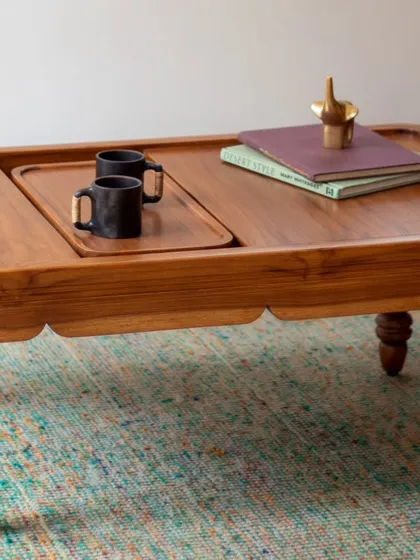 A detailed look at the Mysore Inlay Collection. These images highlight the functional aspects, such as the detachable bench on the bookshelf and the removable tray on the center table, alongside the exquisite craftsmanship.