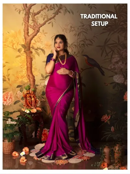 A stunning portrait inspired by traditional paintings, with a beautiful floral and bird backdrop.