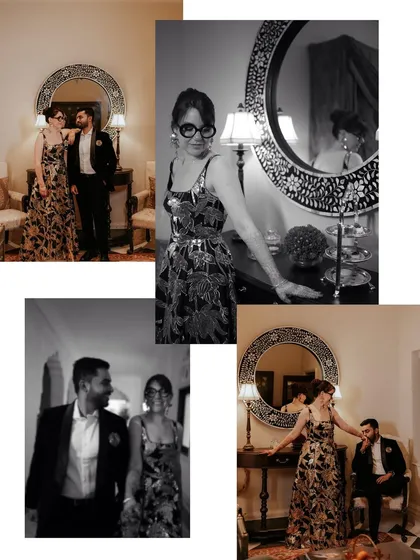 A chic black and white collage from a cocktail party, giving the images a vintage, cinematic feel that highlights the couple's style.